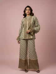 Butter Cream Lurex & Moti Embellished Muslin Co-ord Set with Flared Sleeves