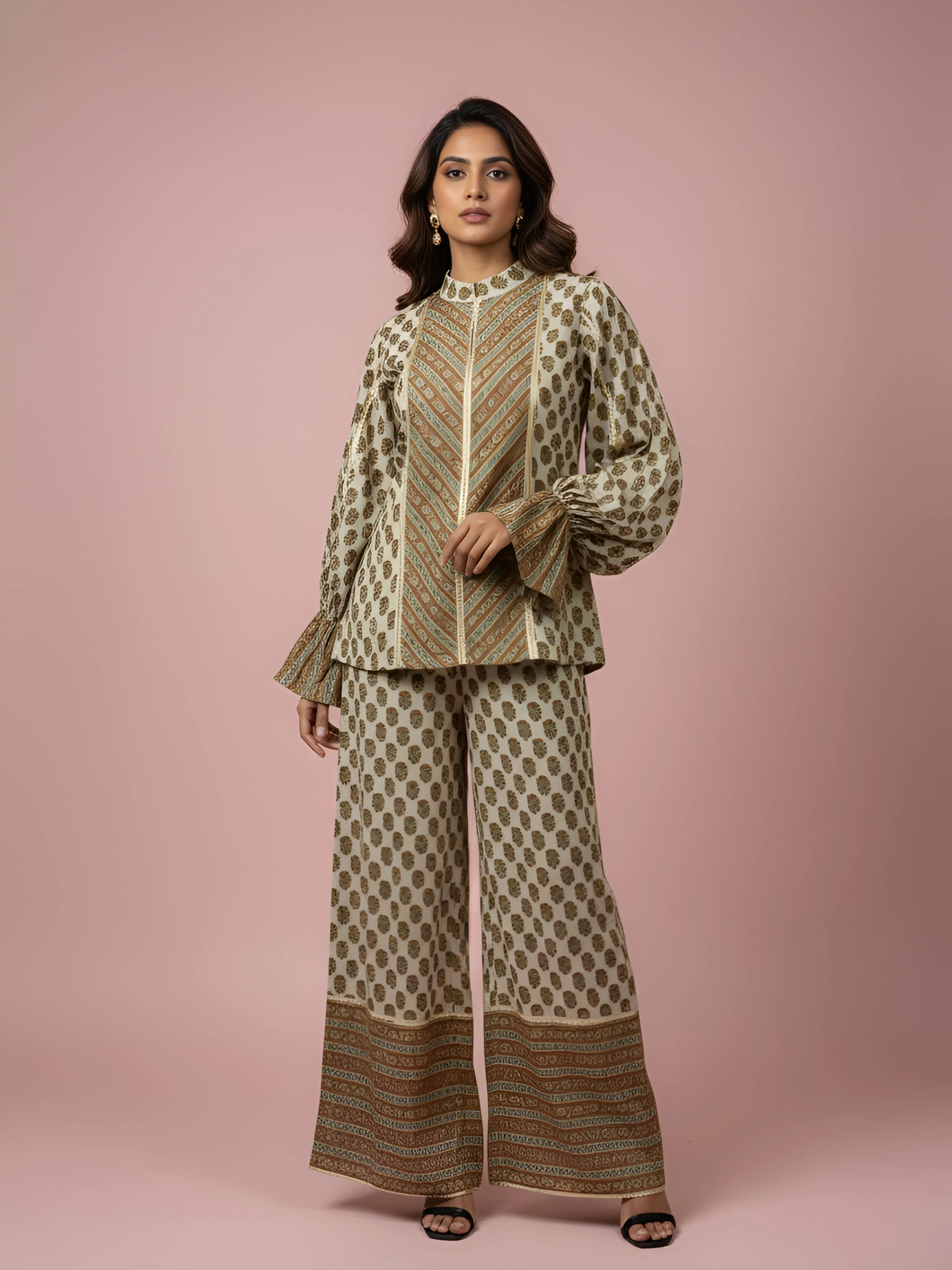 Butter Cream Lurex & Moti Embellished Muslin Co-ord Set with Flared Sleeves