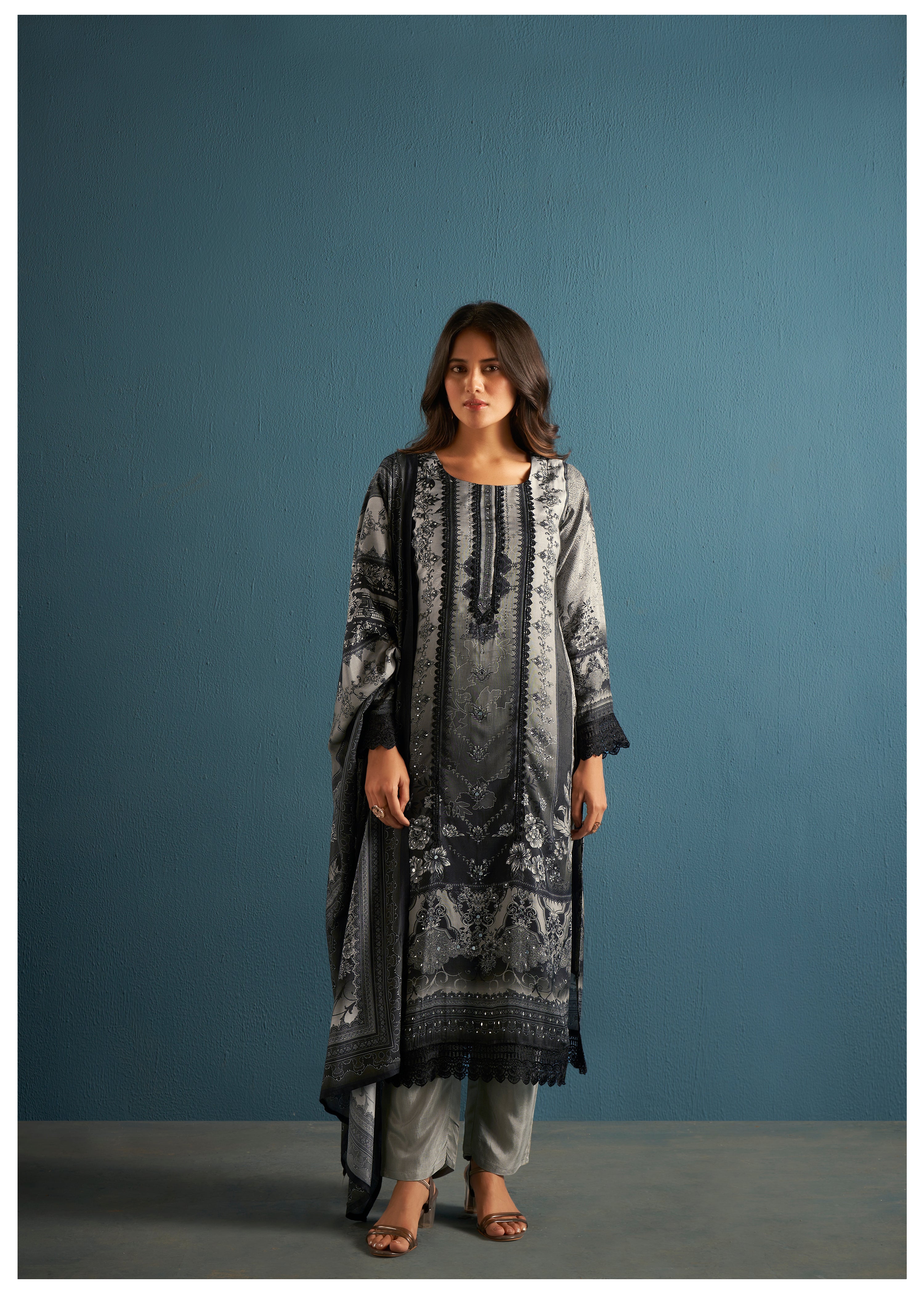 Grey Printed Rhinestone Work Muslin Pakistani Ethnic Set With Dupatta