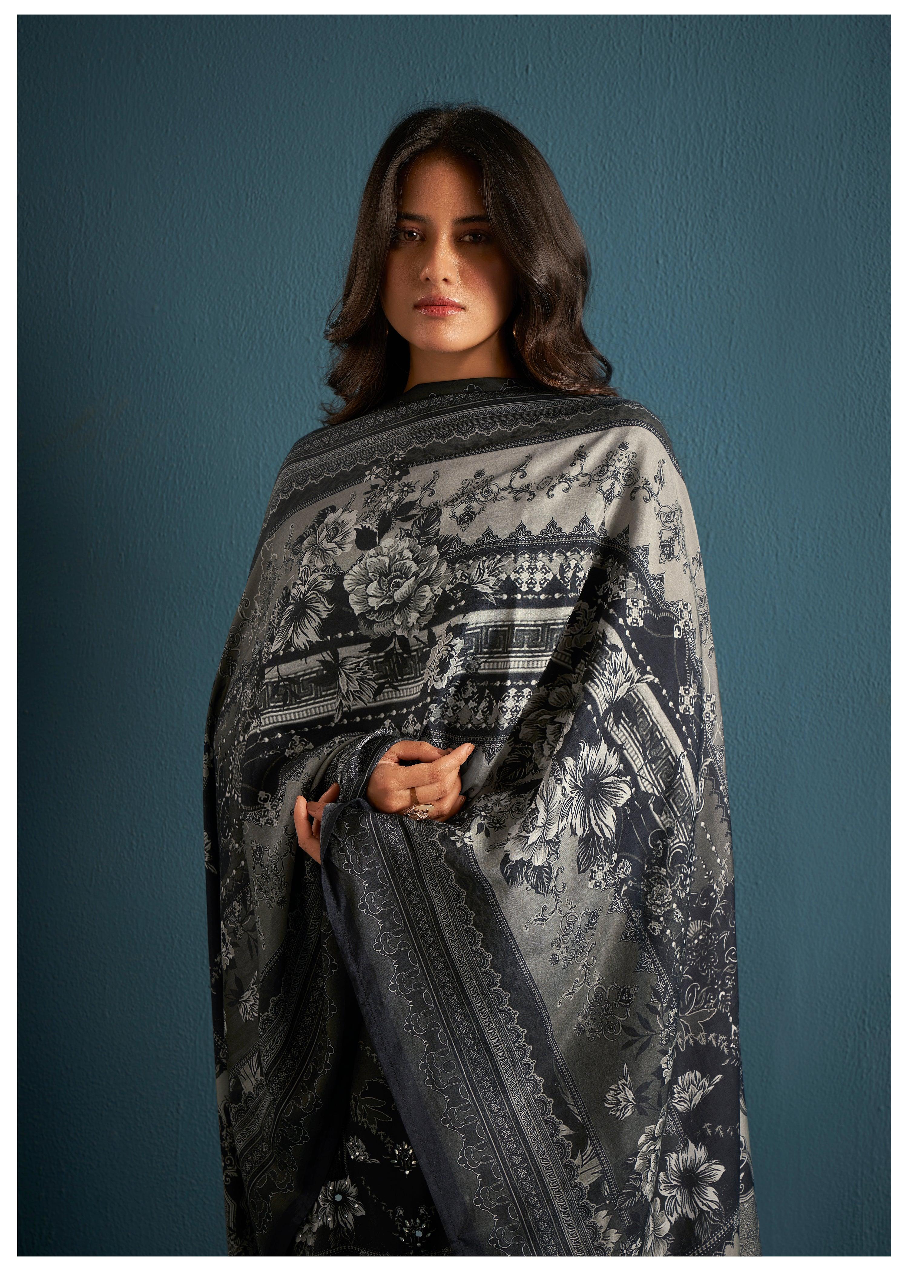 Grey Printed Rhinestone Work Muslin Pakistani Ethnic Set With Dupatta