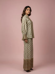Butter Cream Lurex & Moti Embellished Muslin Co-ord Set with Flared Sleeves