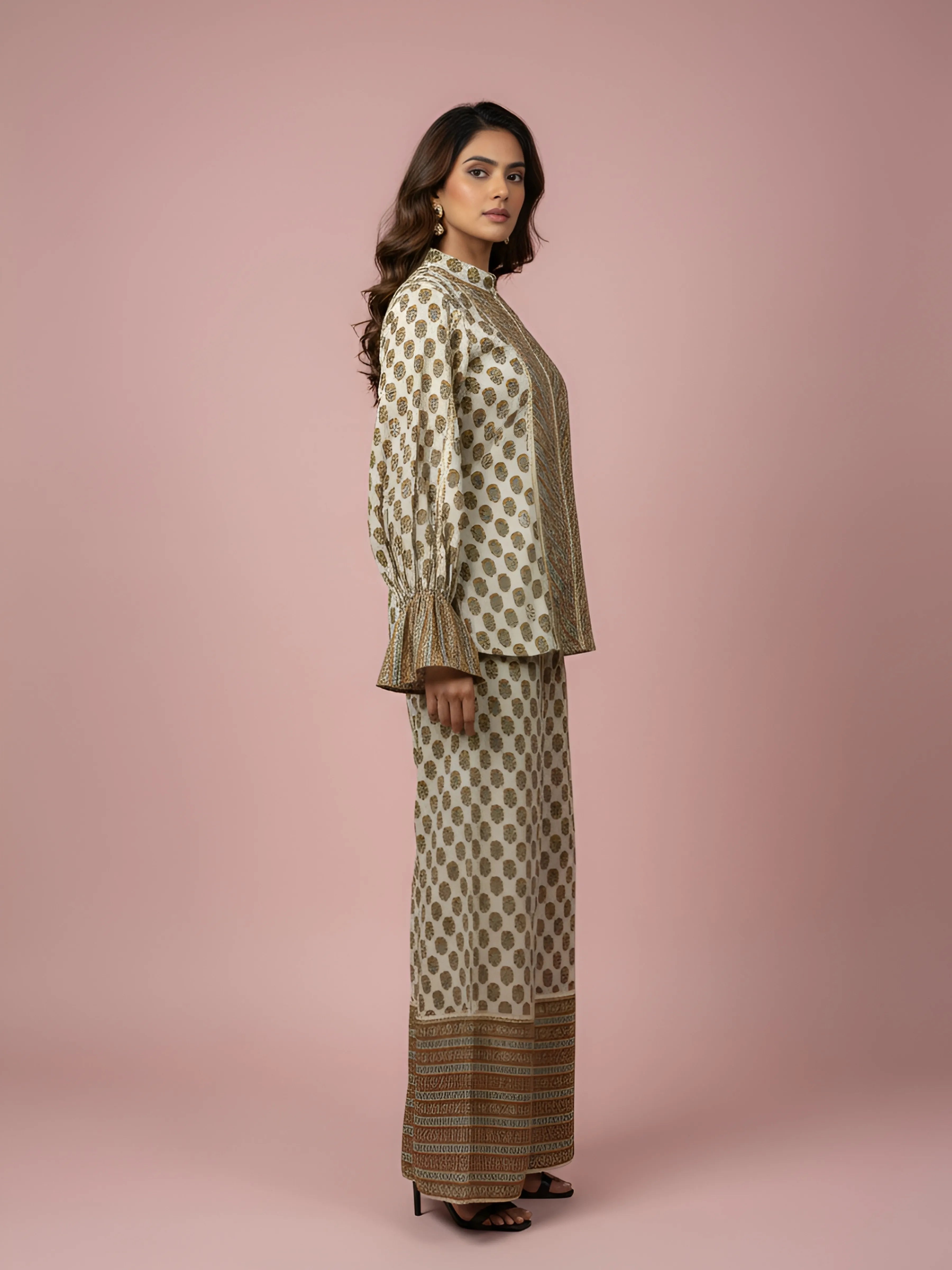Butter Cream Lurex & Moti Embellished Muslin Co-ord Set with Flared Sleeves