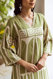 Sage Green Ethnic Set with Abstract Rayon Geometric Print