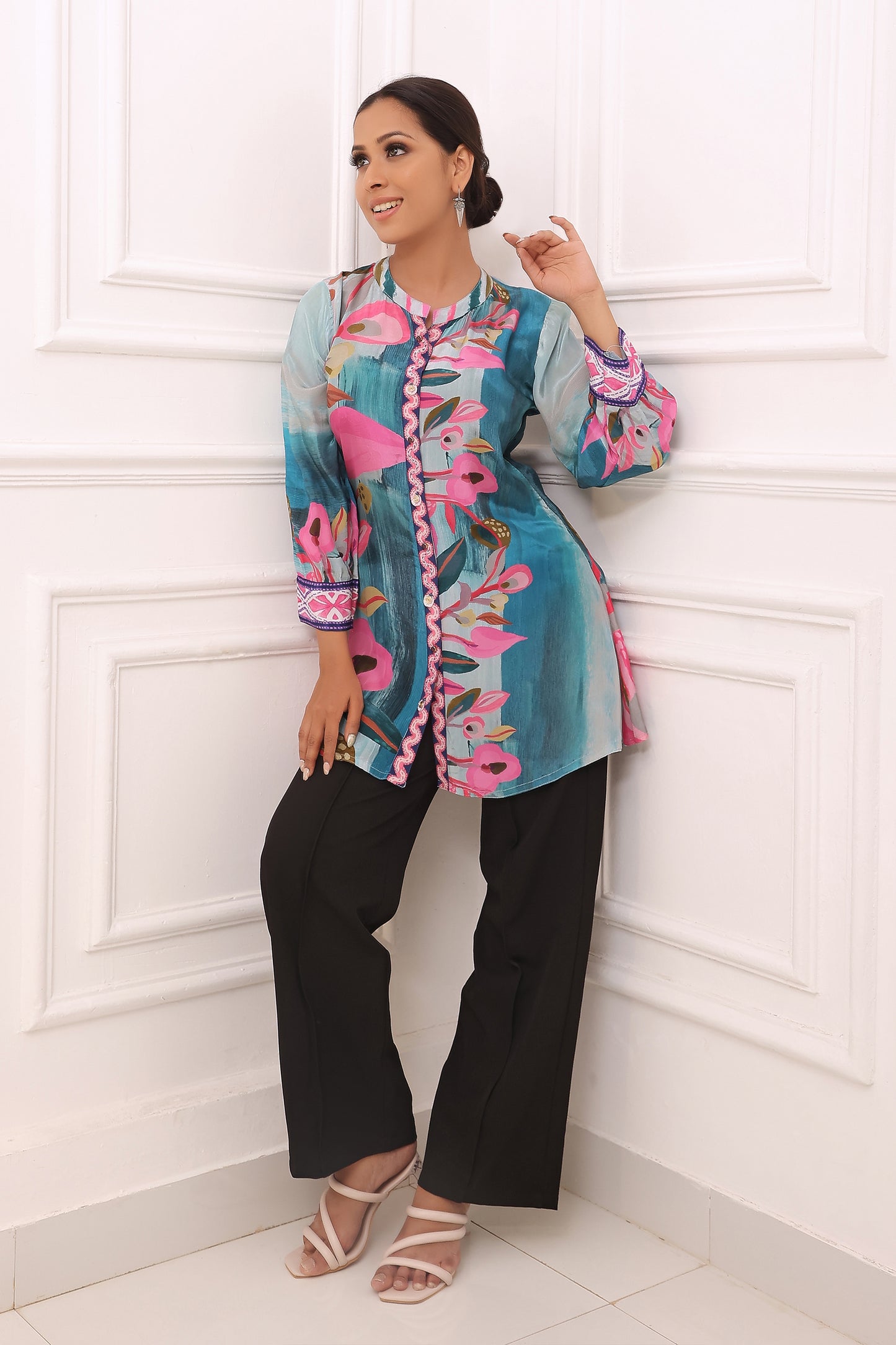 Blue & Pink Tunic With Floral Print