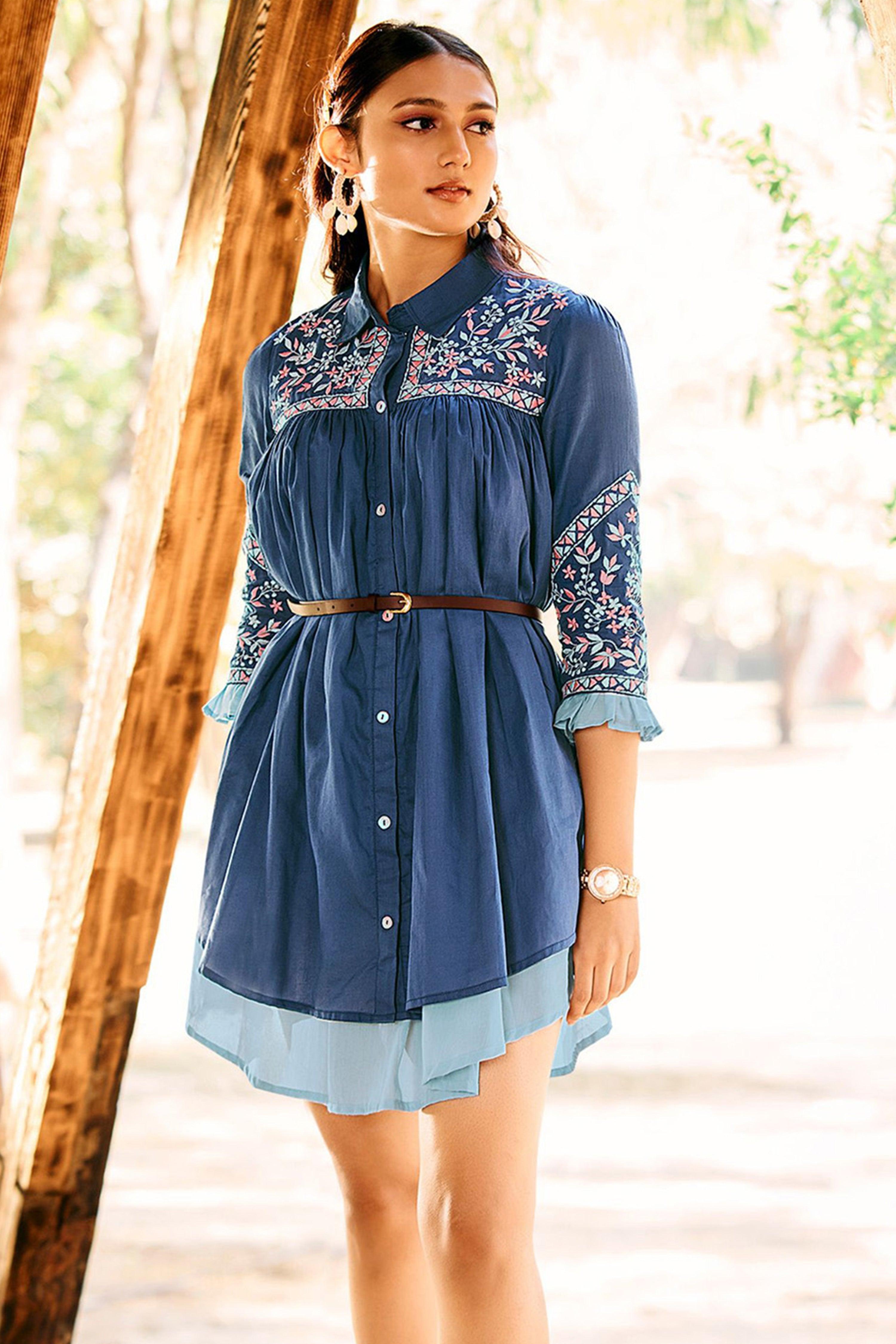 Blue Embroidered Cotton Cambric Short Dress