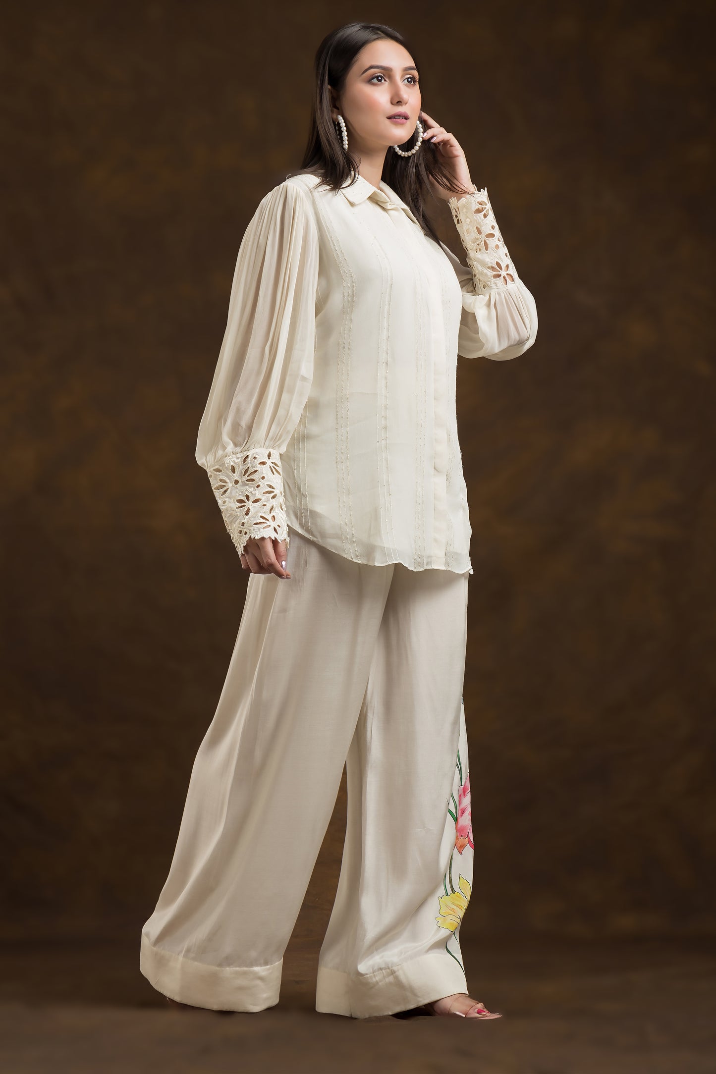 Embroidered Wide Leg Trouser Co-Ord Set With Belt