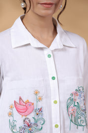 White Cotton Flex Shirt with Embroidered