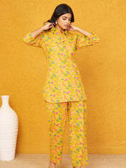 Mustard Yellow Base Multi Color Floral Shirt Collar Cotton Cambric Co-ord Set