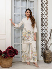 Cream Floral Kurta & Wide-Leg Cotton Flex Co-ord Set