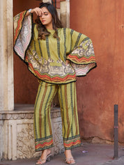 Green Horse Motif Printed Co-ord Set in Viscose Silk