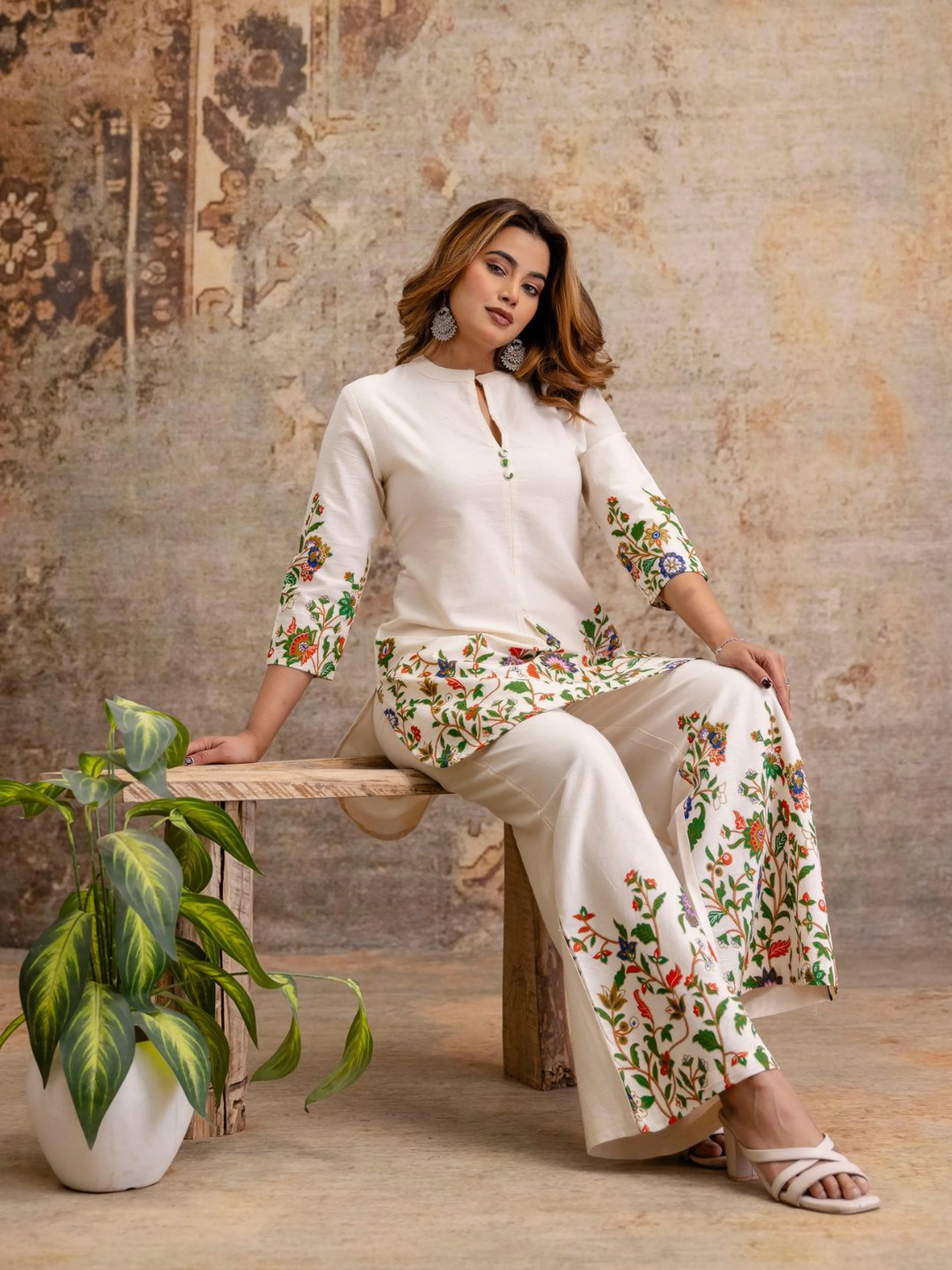 Cream Multicolour Botanical Kurta & Wide-Leg Co-ord Set in Cotton Flex