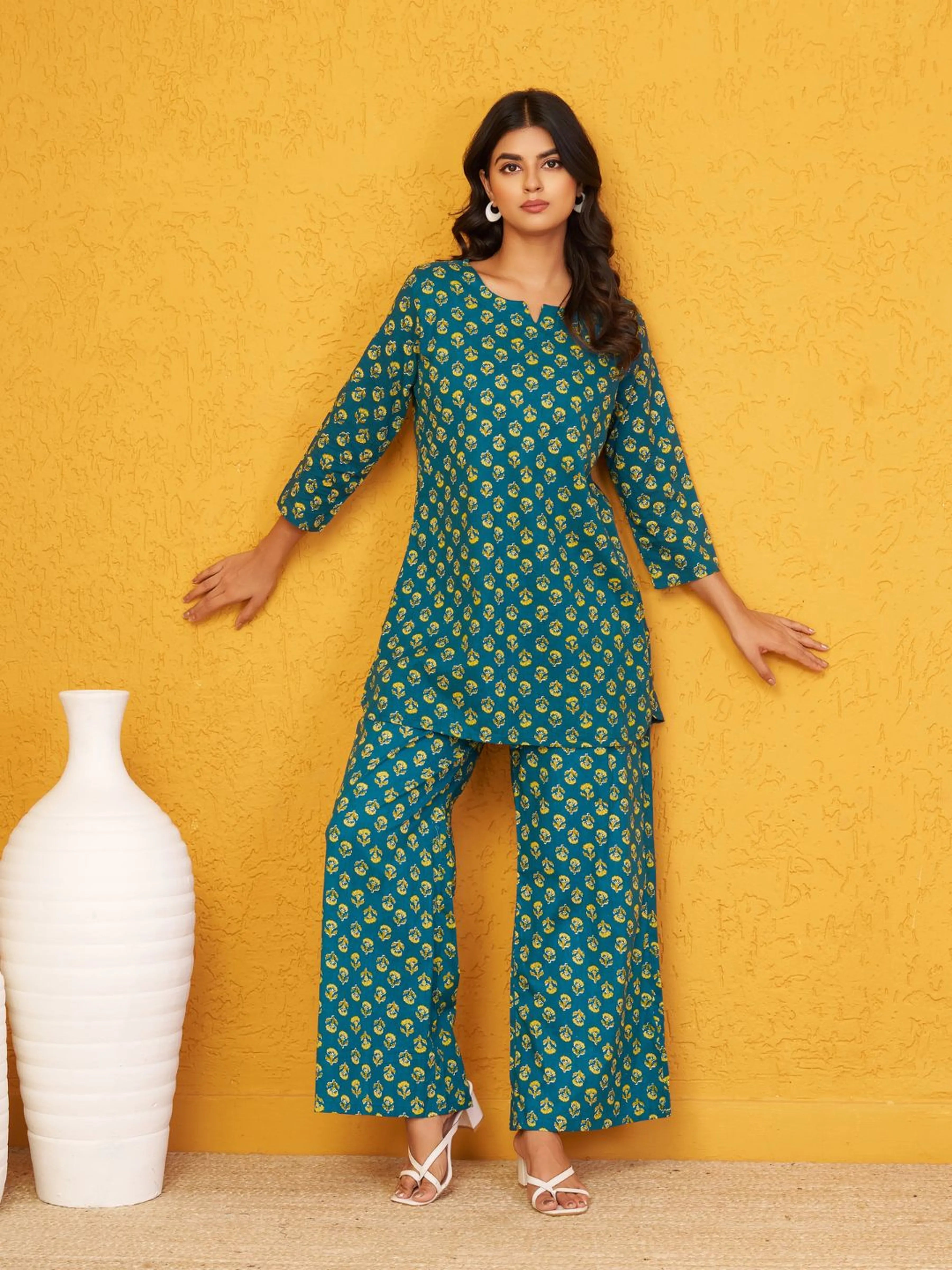 Green Floral Co-ord Set in Cotton Cambric