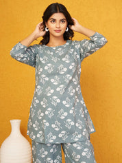 Grey Green Floral Print Co-ord Set in Cotton Cambric