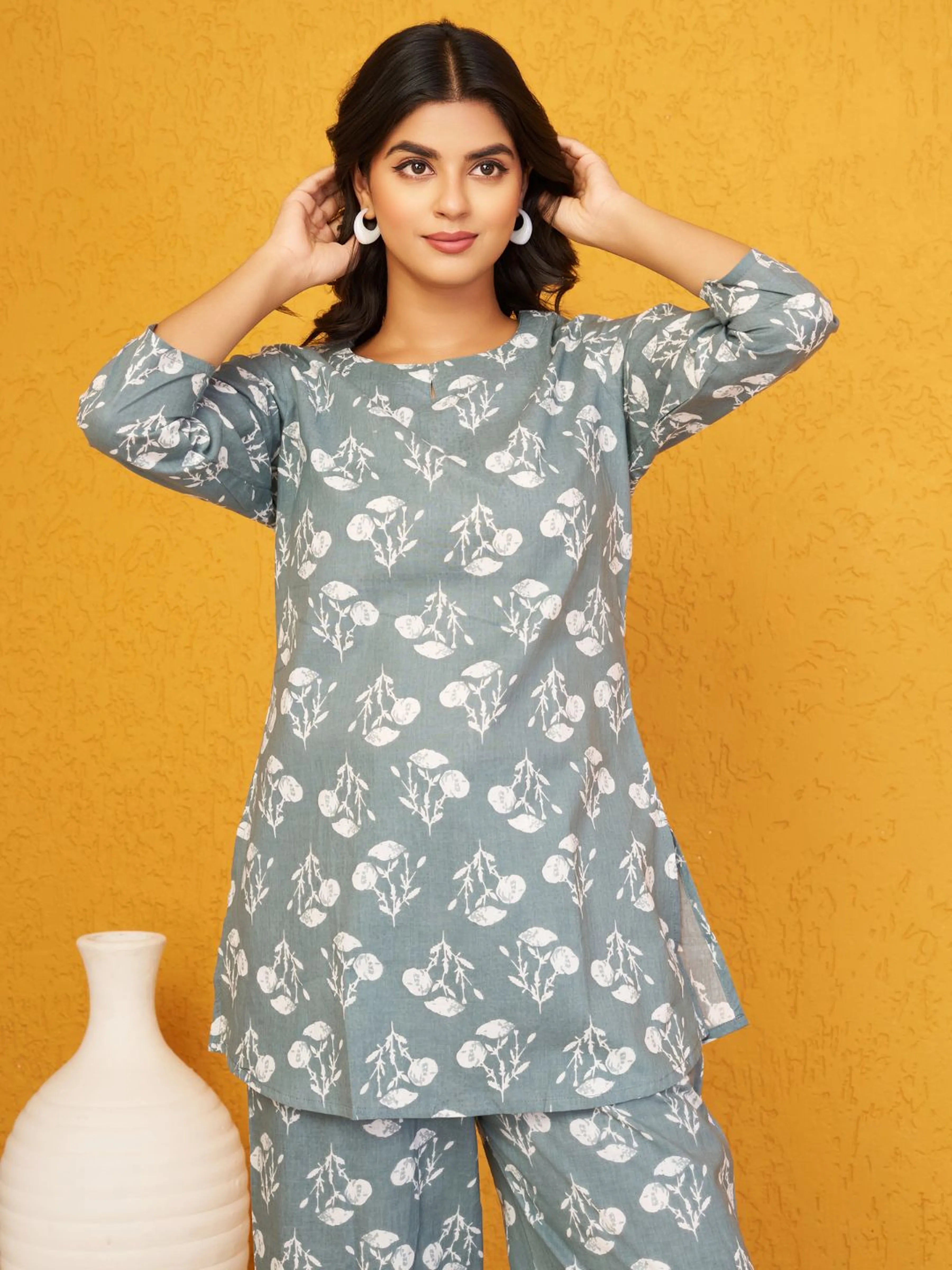 Grey Green Floral Print Co-ord Set in Cotton Cambric