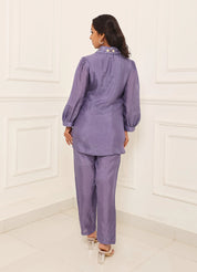 Purple Hand Embellished Pearl Thread Dola Silk Embroidered Shirt Co-ord Set