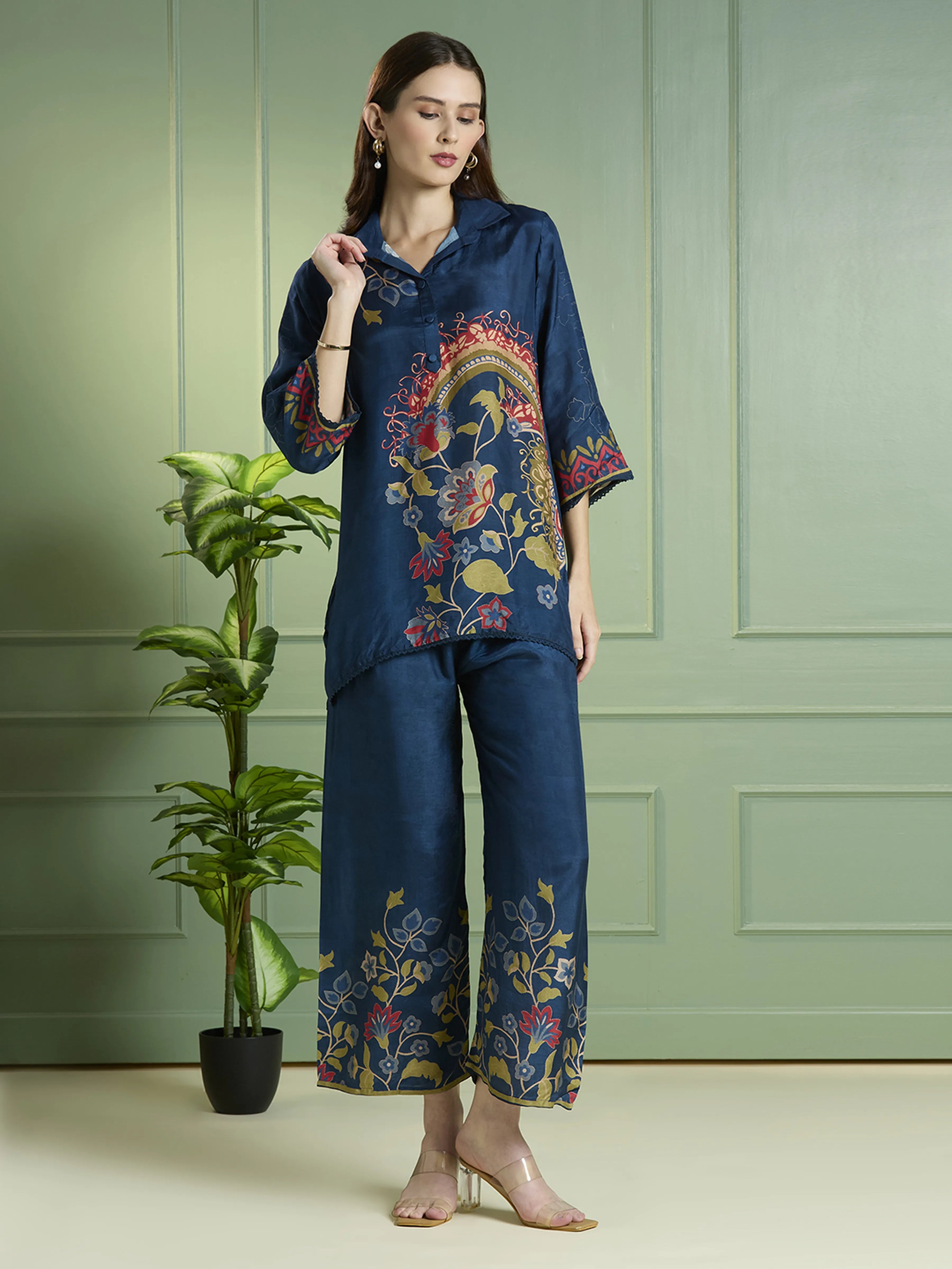 Navy Blue Paisley & Floral Printed Co-ord Set in Viscose Muslin