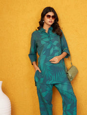 Dark Green Leaf Print Shirt Collar Cotton Cambric Co-ord Set