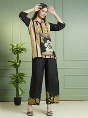 Black & Beige Floral Printed Co-ord Set in Viscose Muslin