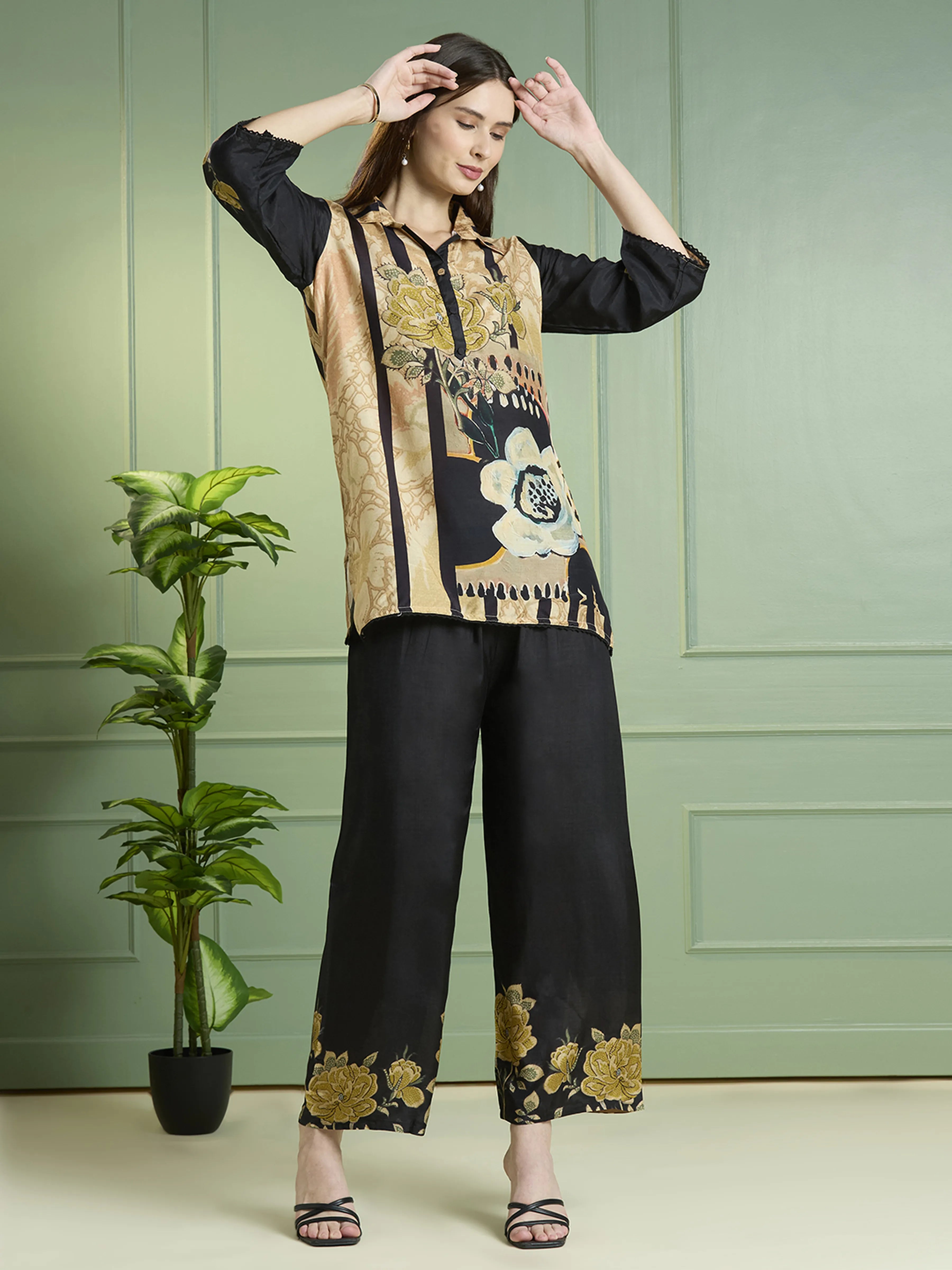 Black & Beige Floral Printed Co-ord Set in Viscose Muslin