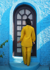 Yellow Hand Embroidered Pearl & Thread Dola Silk Shirt Co-ord Set