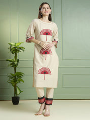 Beige Embroidered Motif Kurta Set in Cotton