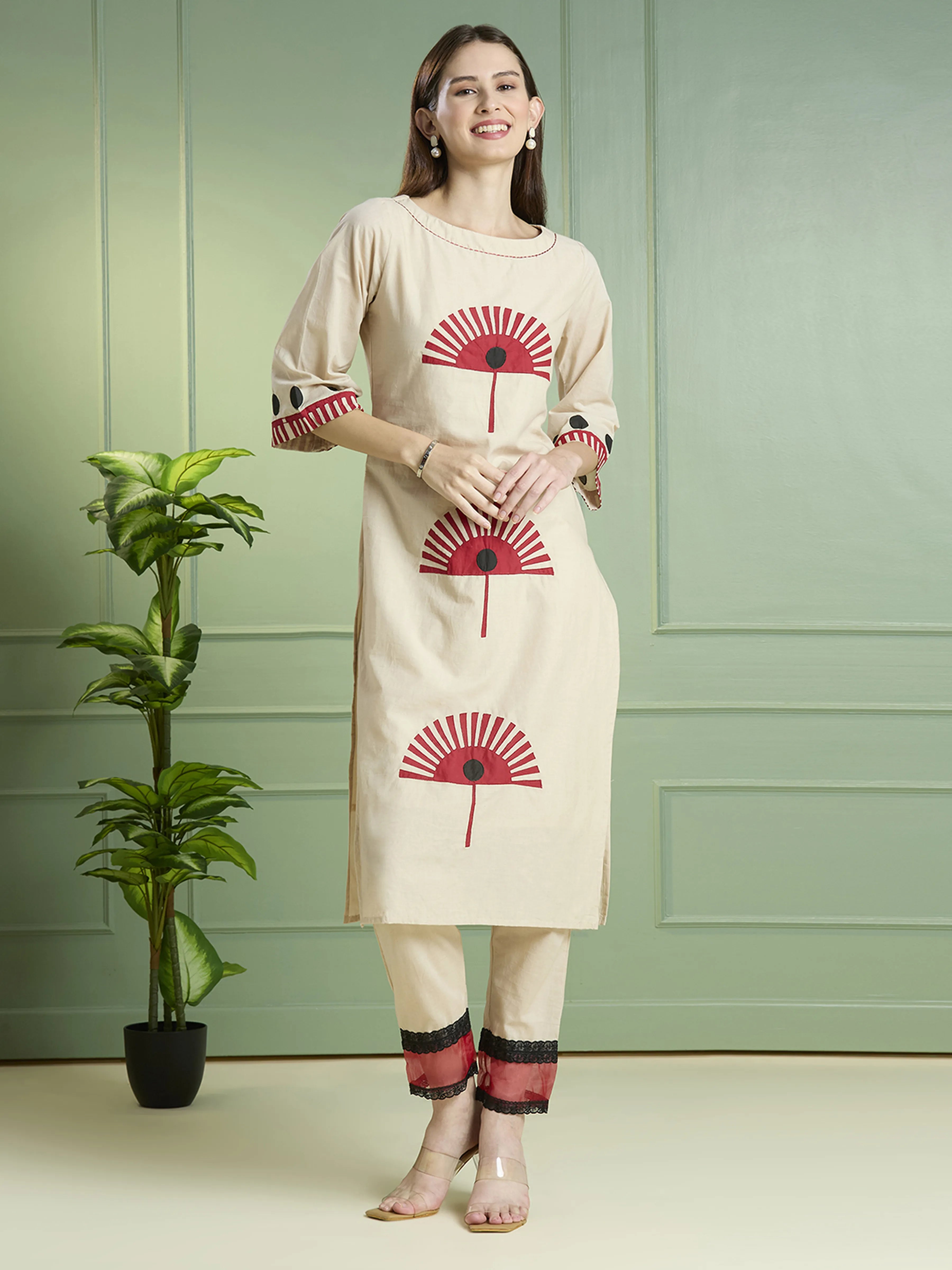 Beige Embroidered Motif Kurta Set in Cotton