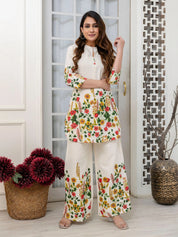 Cream Mandarin-Neck Kurta & Wide-Leg Floral Co-ord Set in Cotton Flex