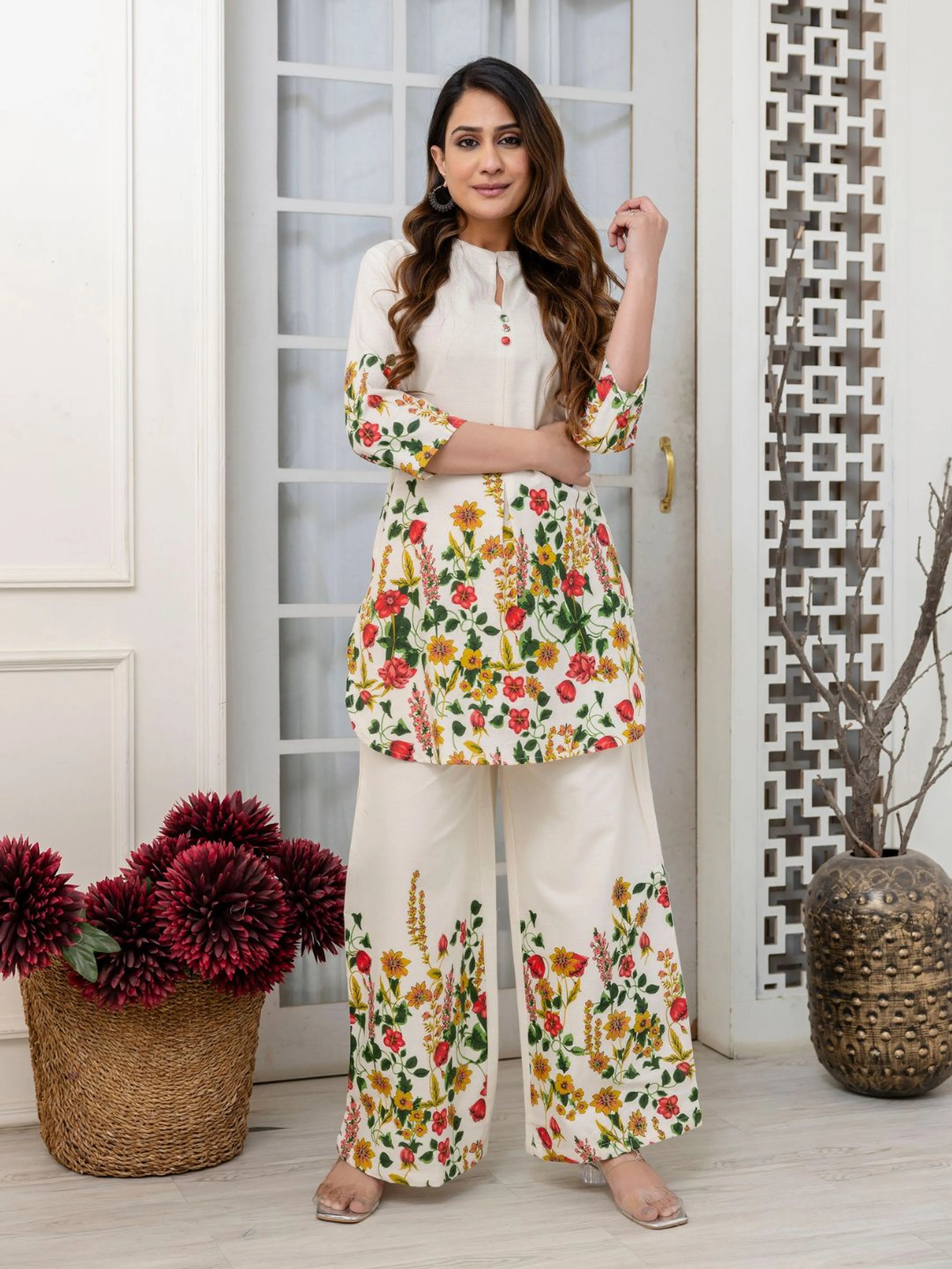 Cream Mandarin-Neck Kurta & Wide-Leg Floral Co-ord Set in Cotton Flex