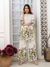 Cream Floral Placement Kurta & Wide-Leg Cotton Flex Co-ord Set