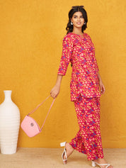 Raspberry Base Multicolor Floral Co-ord Set in Cotton Cambric