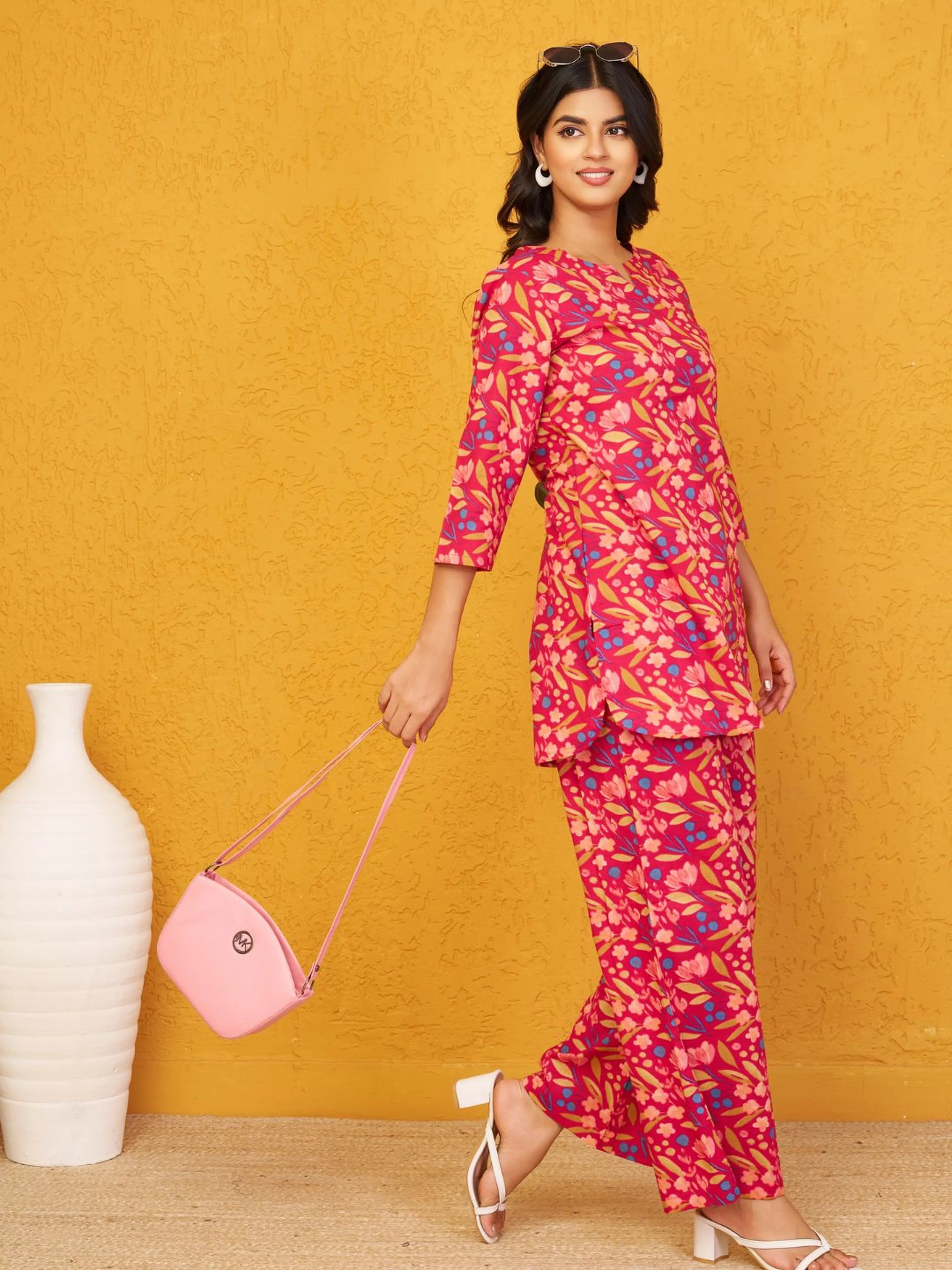 Raspberry Base Multicolor Floral Co-ord Set in Cotton Cambric