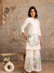Ivory Floral Kurta & Wide-Leg Cotton Flex Co-ord Set