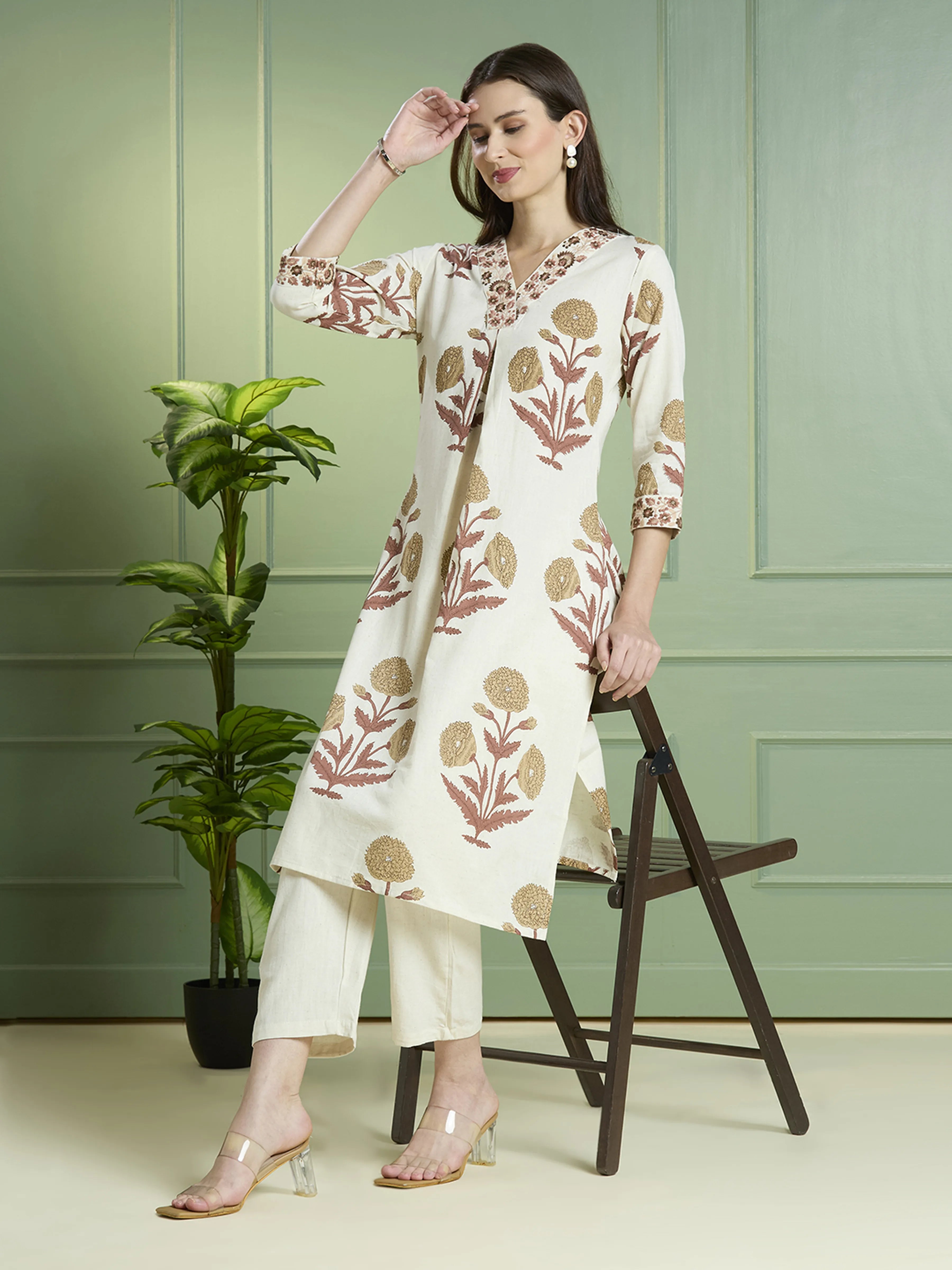 Natural Beige Floral Block Print Kurta Set in Cotton
