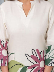 Cream Botanical Leaf Kurta & Wide-Leg Co-ord Set in Cotton Flex