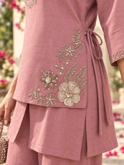 Rose Pink 3-Piece Co-Ord Set with Sequin Embroidery in Mul Chanderi