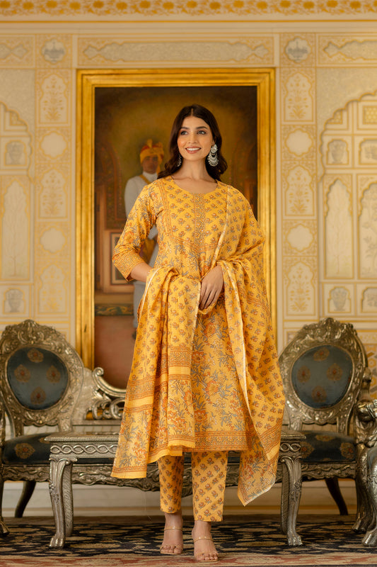 Yellow Printed & Embellished Cotton Kurta with Trousers & With Dupatta
