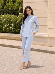 Sky Blue Floral Embroidered Pleated Yoke Co-Ord Set in Cotton