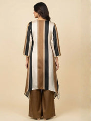 Khaki Brown, Black & Cream High-Low Co-ord Set with Metallic Tikli Embellishment