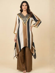 Khaki Brown, Black & Cream High-Low Co-ord Set with Metallic Tikli Embellishment