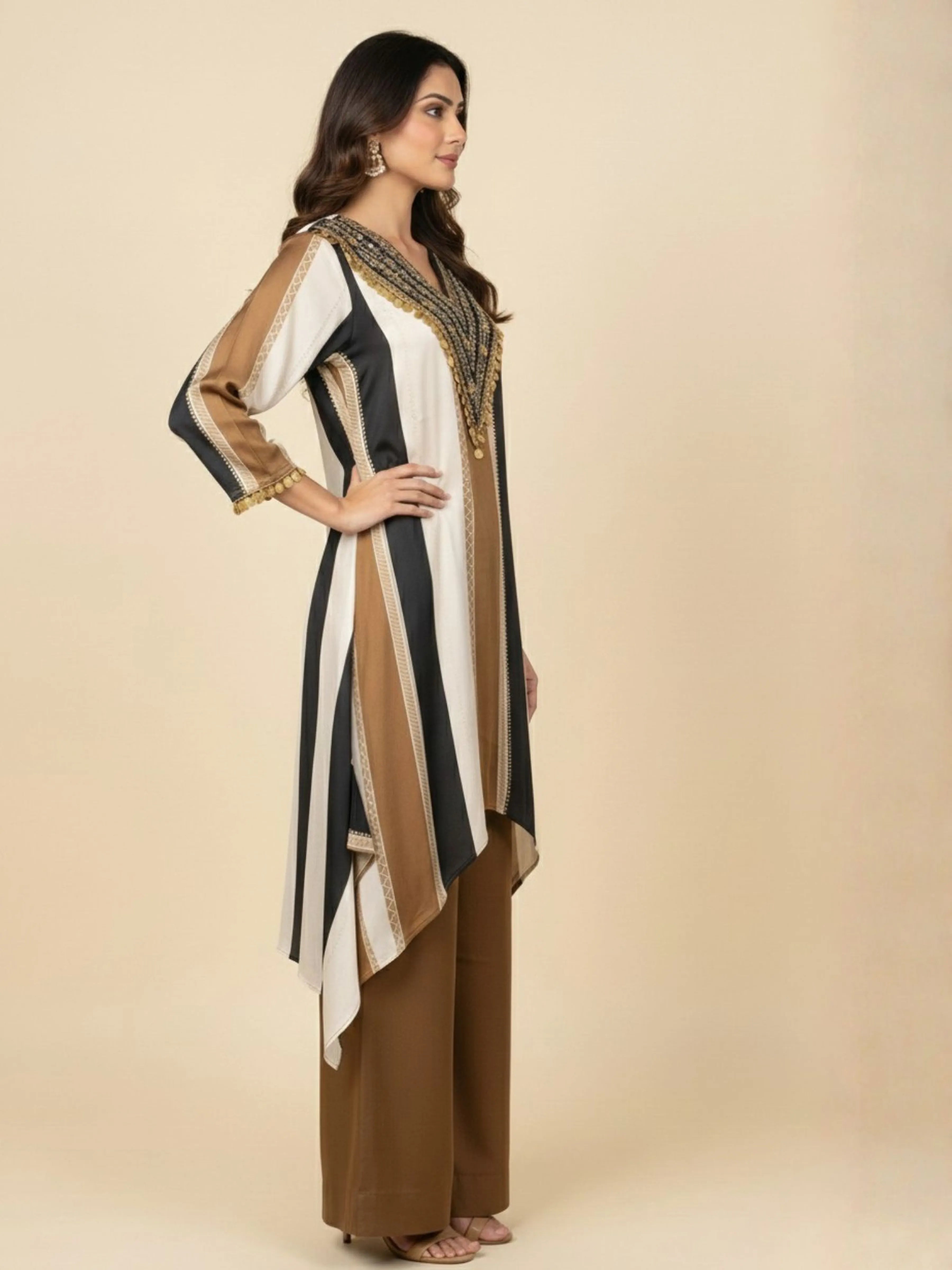 Khaki Brown, Black & Cream High-Low Co-ord Set with Metallic Tikli Embellishment
