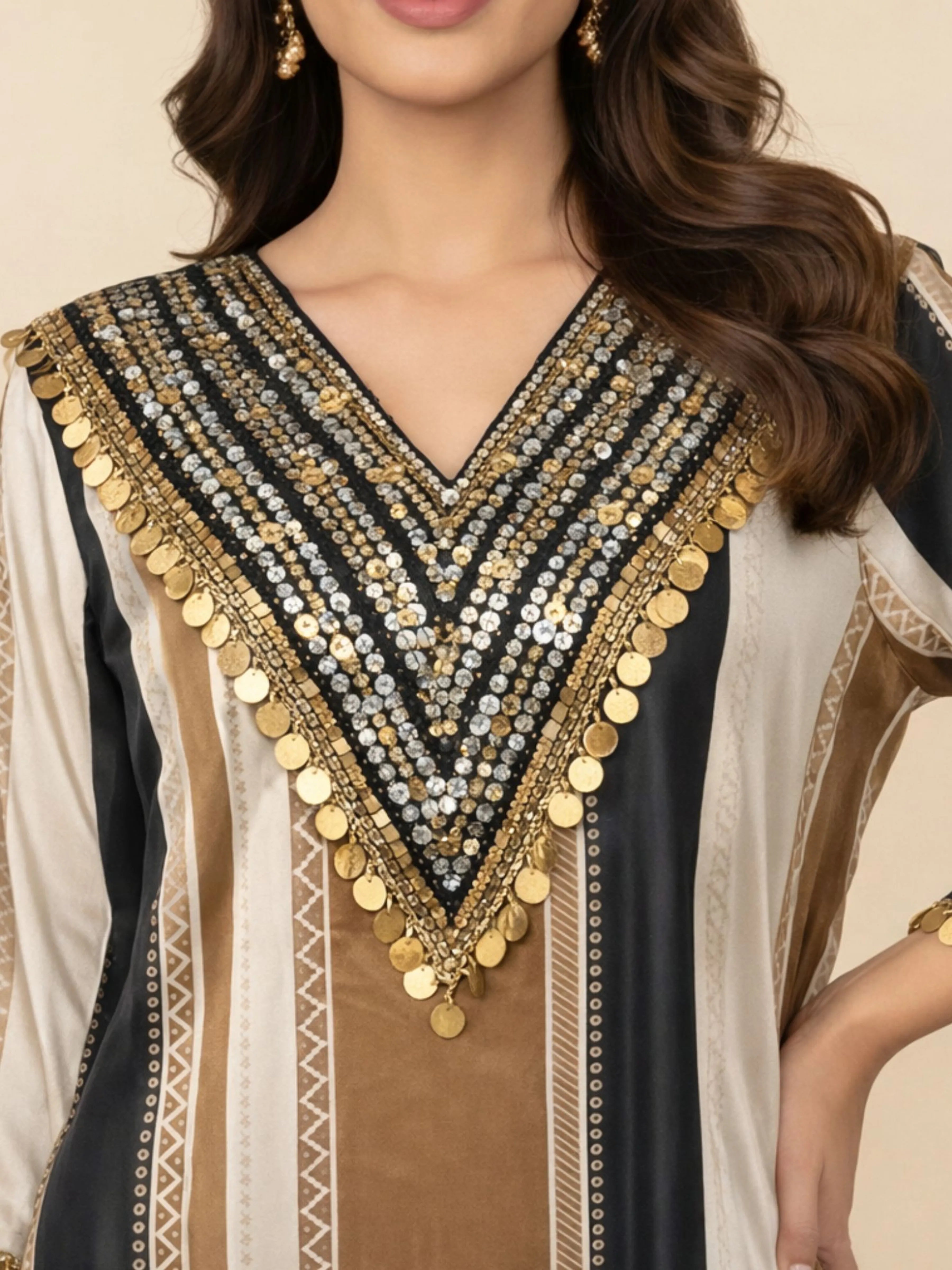 Khaki Brown, Black & Cream High-Low Co-ord Set with Metallic Tikli Embellishment