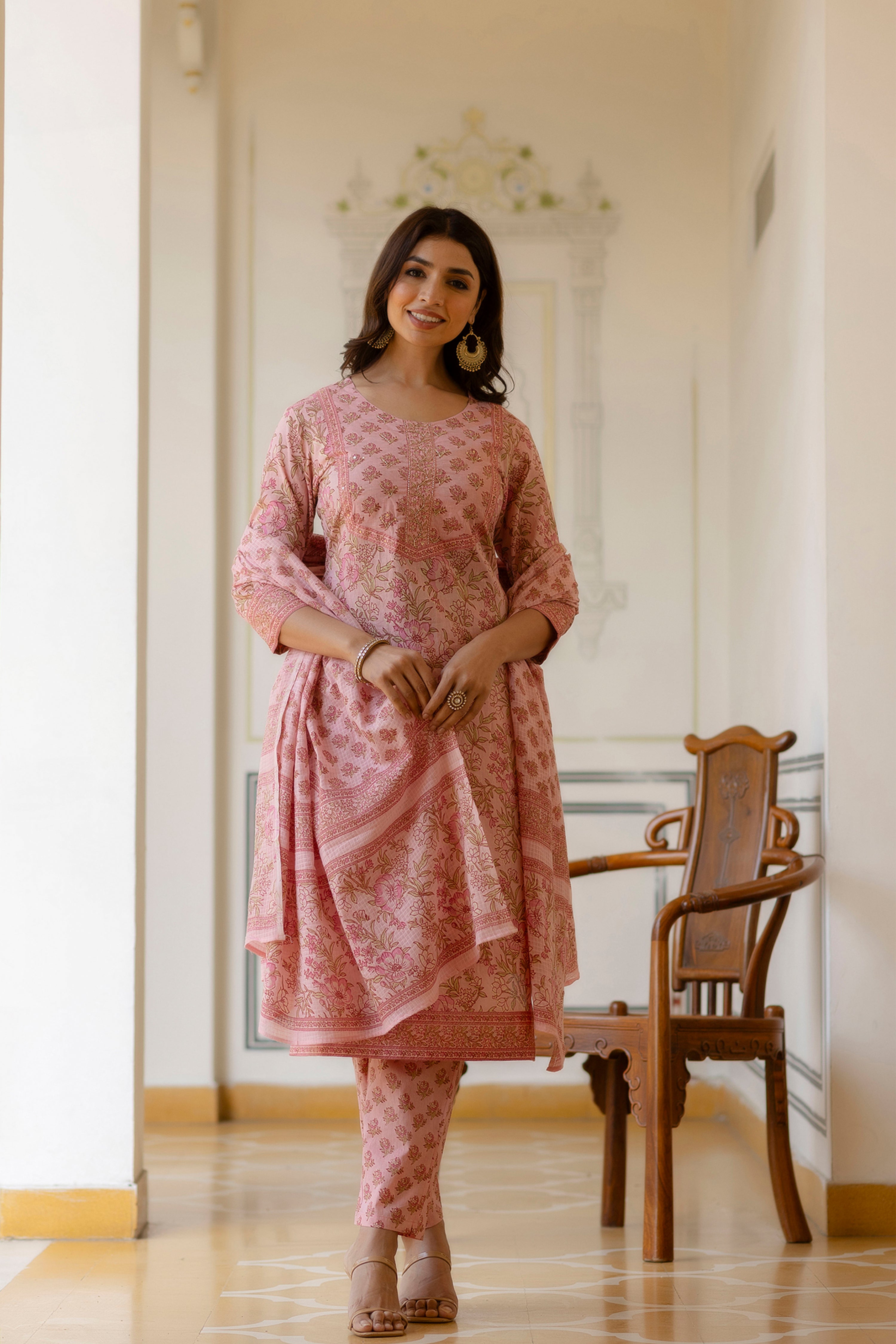 Pink Printed & Embellished Cotton Kurta with Trousers & With Dupatta - Kaftanize