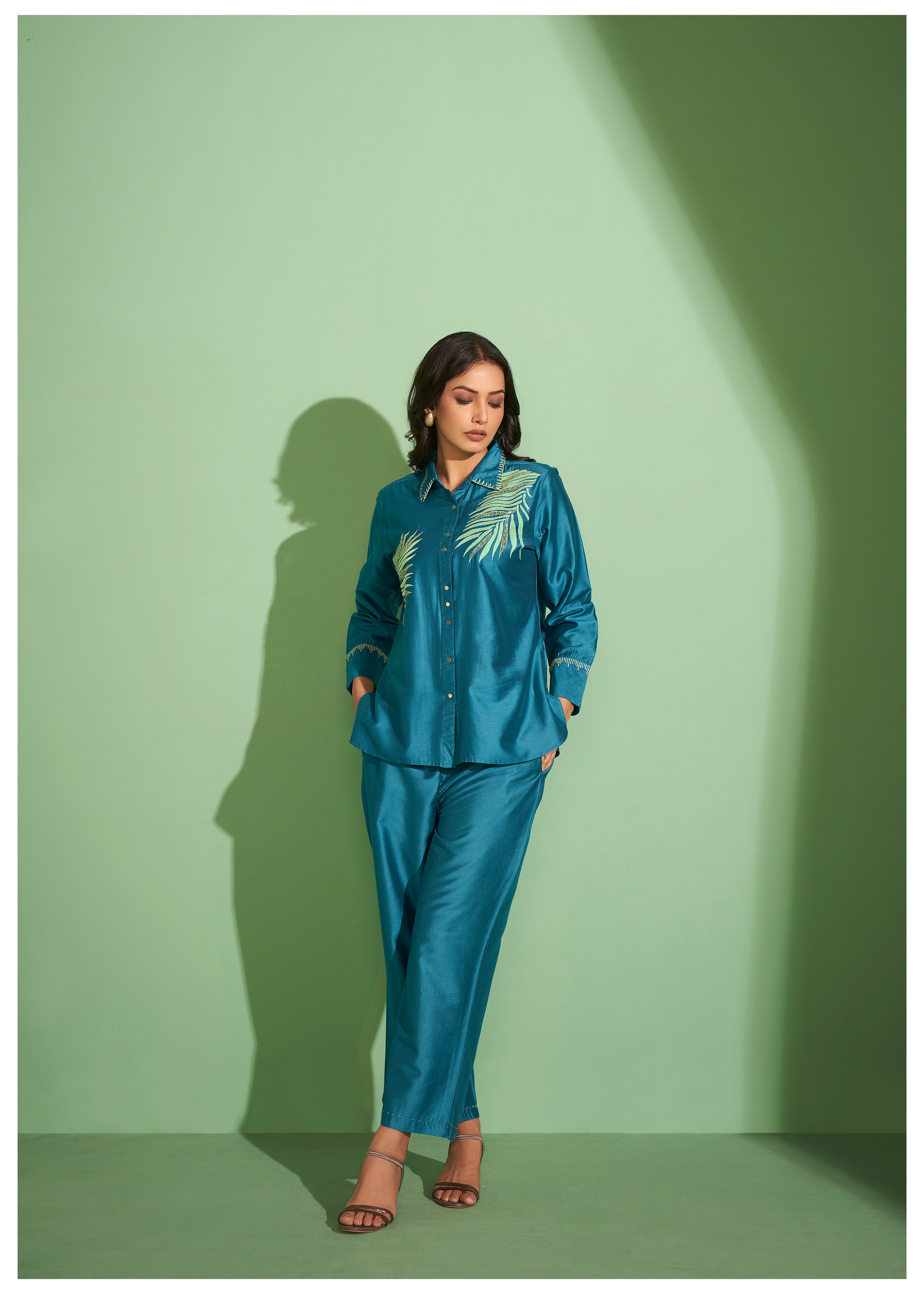 Teal Blue Palm Leaf Embroidered Cotton-Modal Co-Set