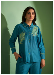 Teal Blue Palm Leaf Embroidered Cotton-Modal Co-Set