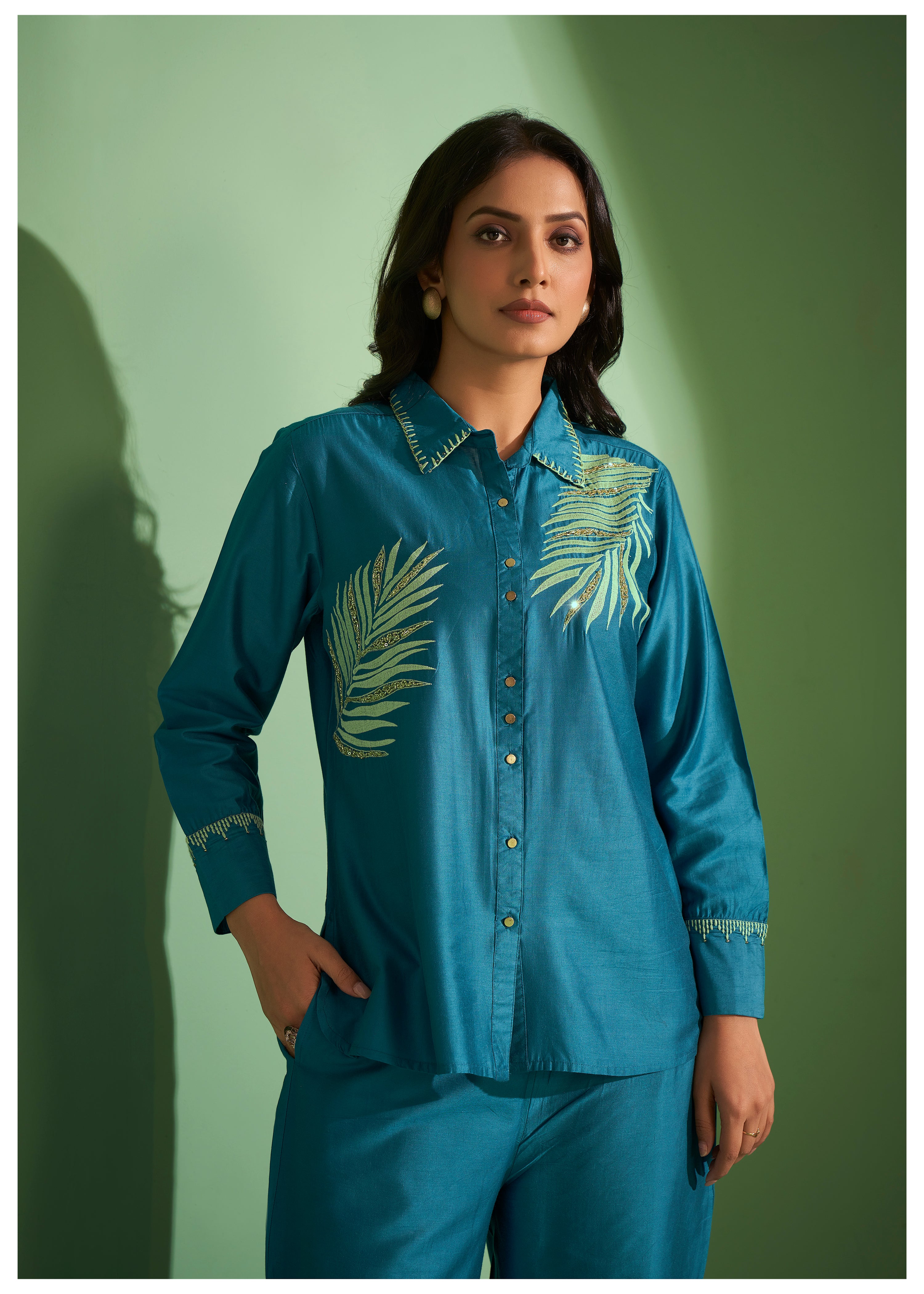 Teal Blue Palm Leaf Embroidered Cotton-Modal Co-Set