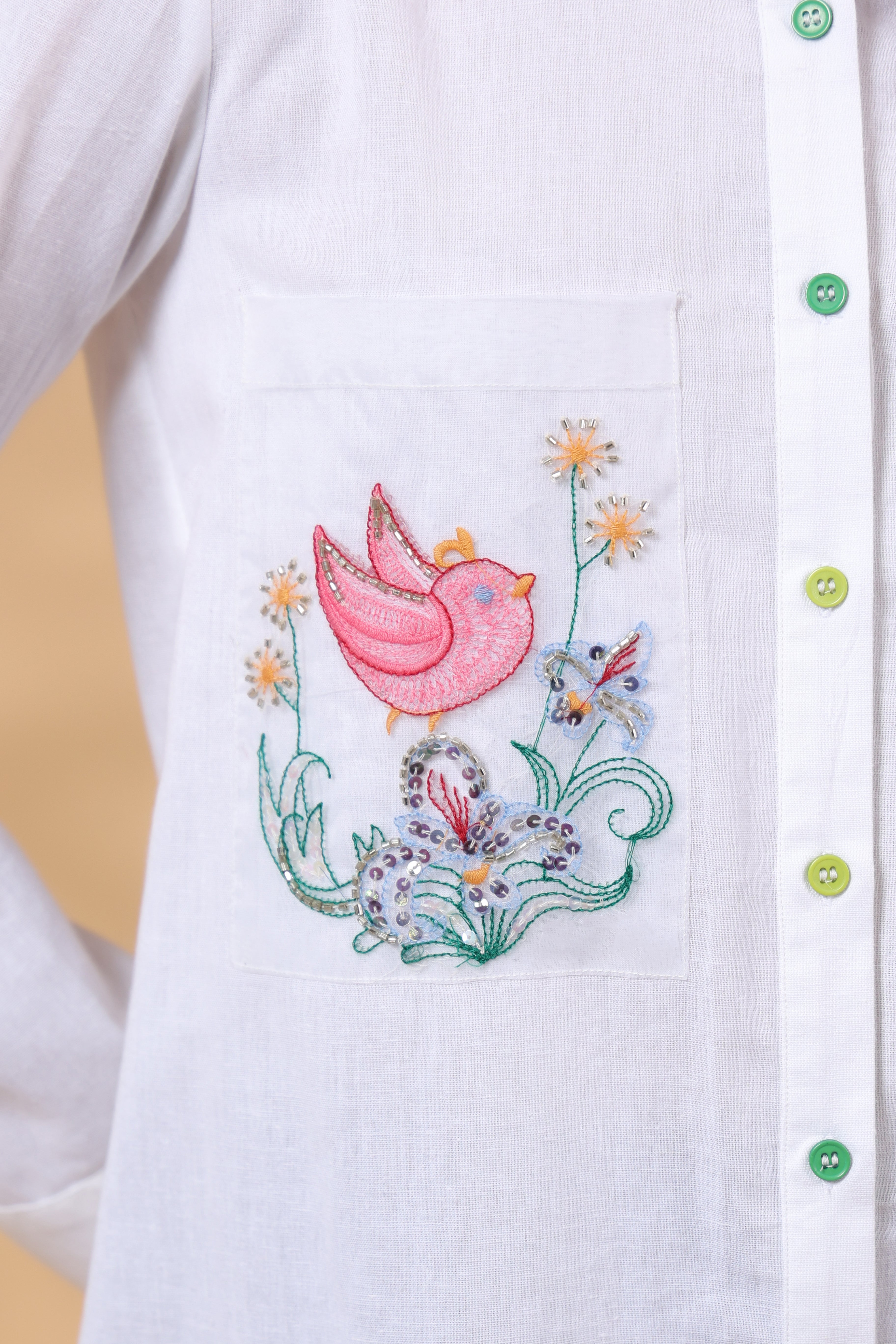 White Cotton Flex Shirt with Embroidered