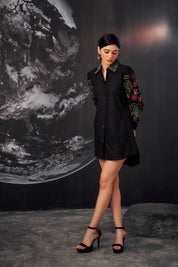 Black Embroidered Cotton Cambric Short Dress