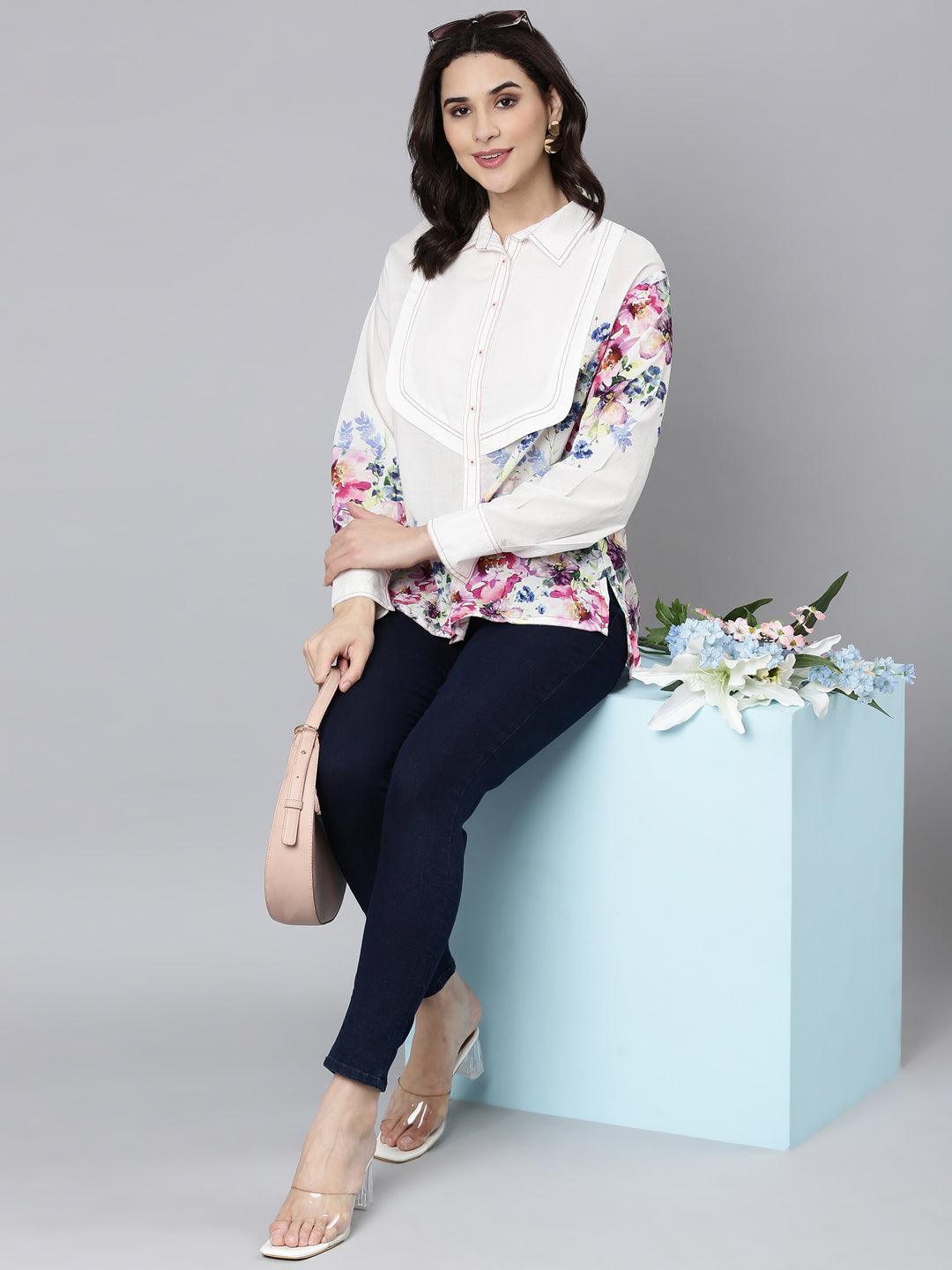 White Cotton Cambric Full-Sleeve Shirt with Patch Print