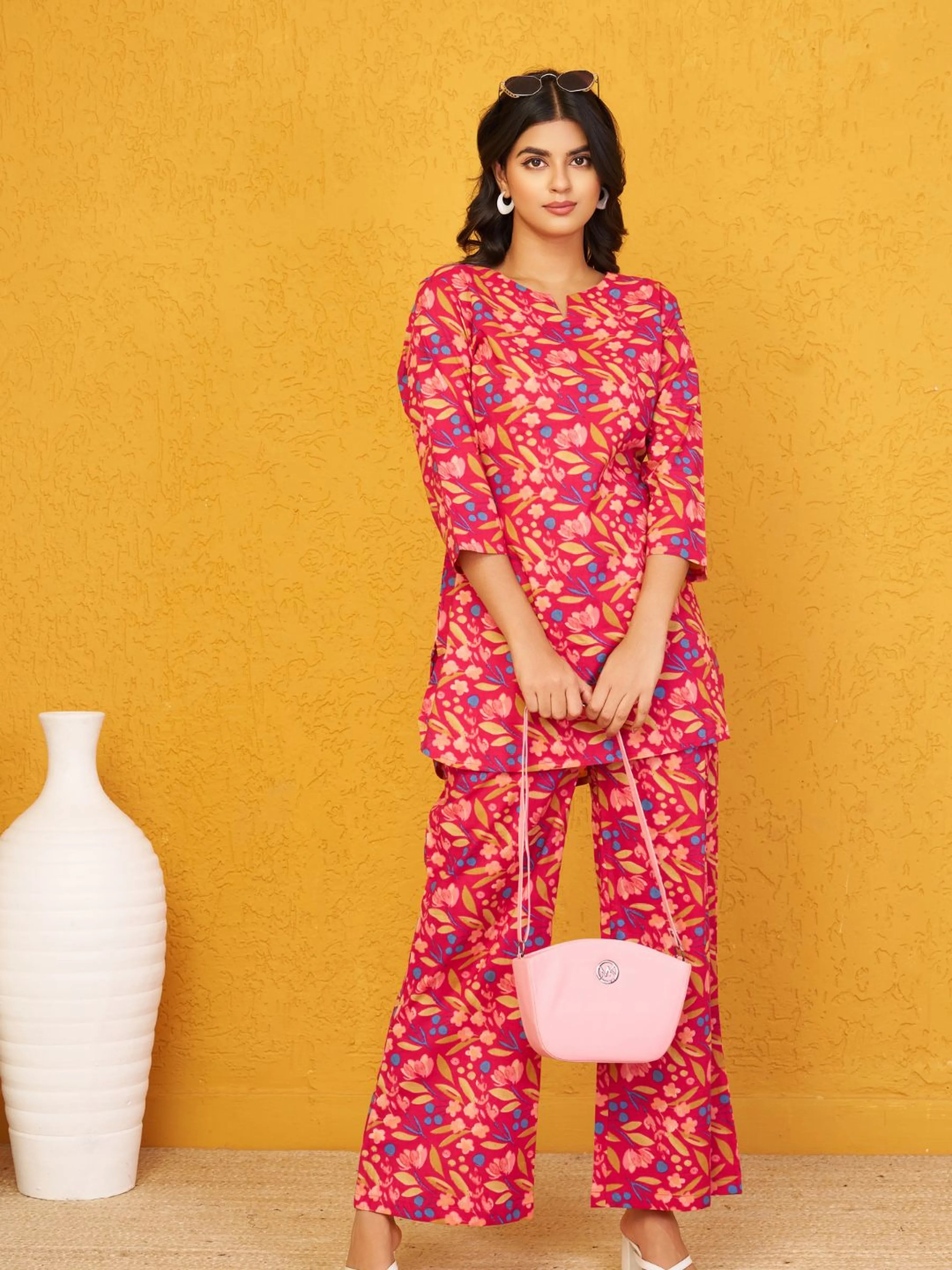 Raspberry Base Multicolor Floral Co-ord Set in Cotton Cambric