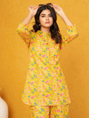 Mustard Yellow Base Multi Color Floral Shirt Collar Cotton Cambric Co-ord Set